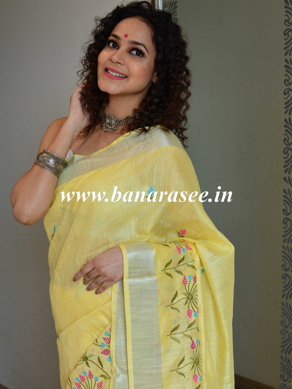 Bhagalpuri Handloom Linen Cotton Floral Embroidered Saree-Yellow