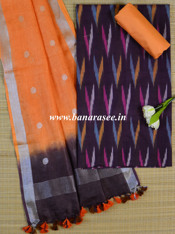 Bhagalpuri Ikkat Kameez With Shibori Dyed Linen Dupatta & Bottom-Violet & Orange