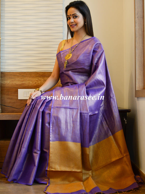 Banarasee Handloom Pure Linen By Tissue Metallic Shine Saree-Purple