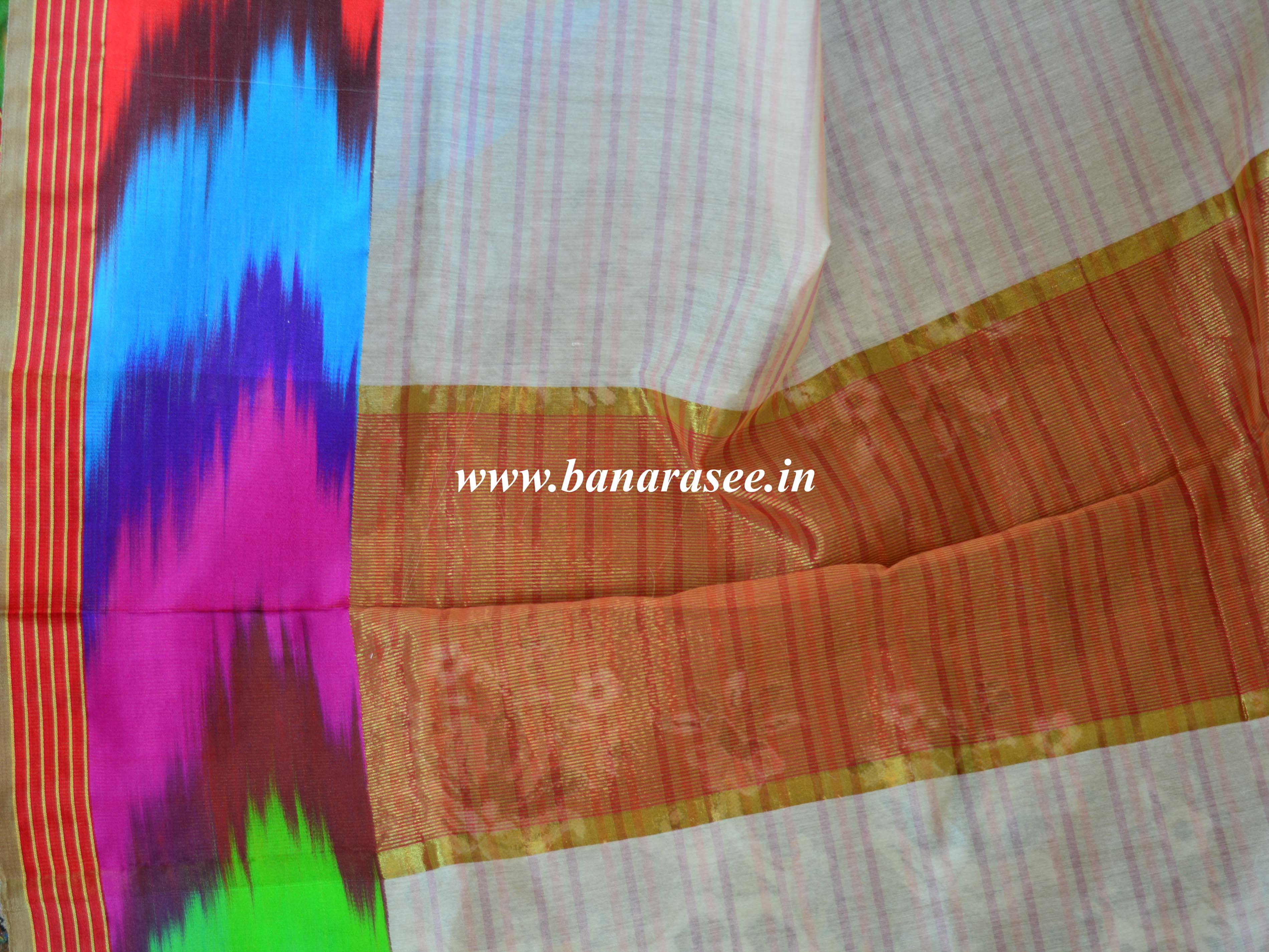 Banarasee Cotton Silk Saree With Multicolor Satin Border-Off White