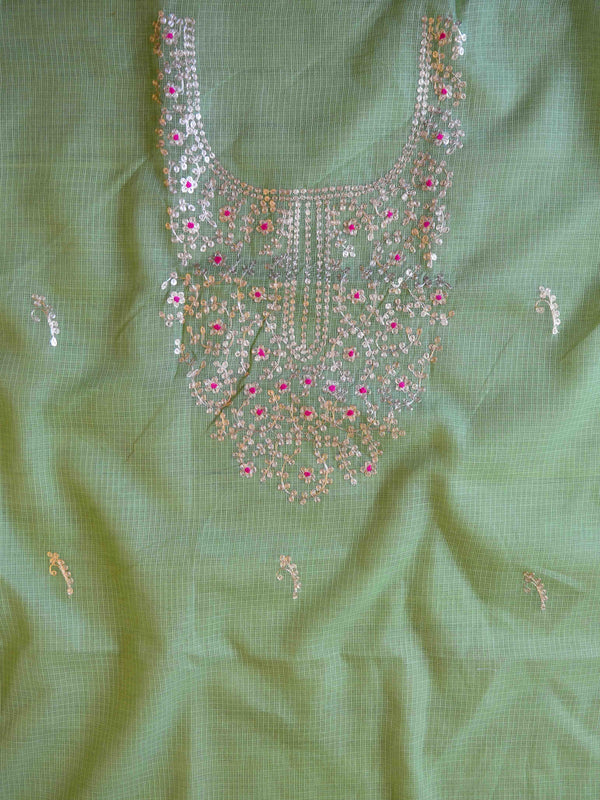 Pure Kota Doria Pitta Work Salwar Kameez Dupatta Set-Green