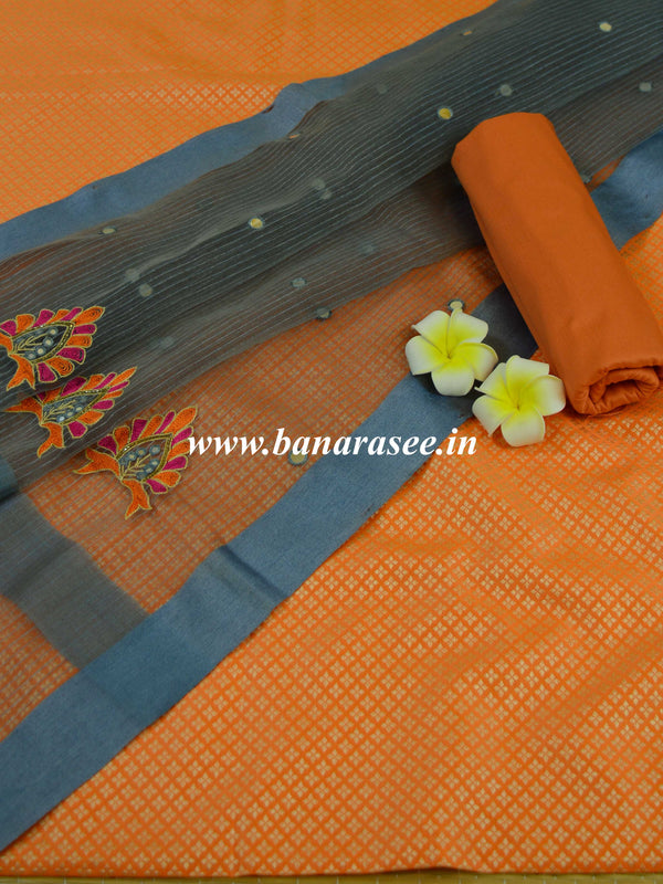 Banarasee Brocade Salwar Kameez Fabric With Mirror Work-Orange & Grey