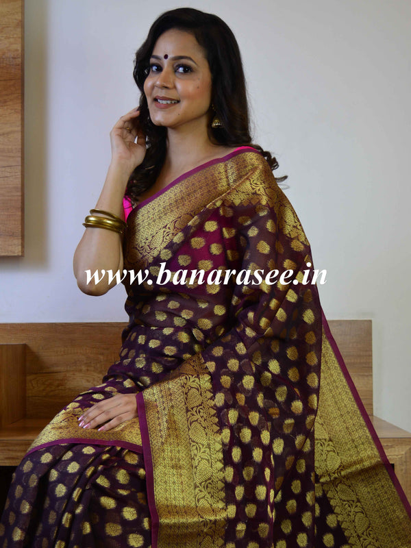 Banarasee Cotton Silk Saree With Zari Buti & Border-Violet