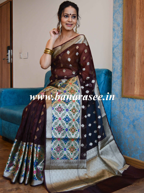 Banarasee Organza Mix Saree With Buti Design & Broad Meenakari Border-Brown