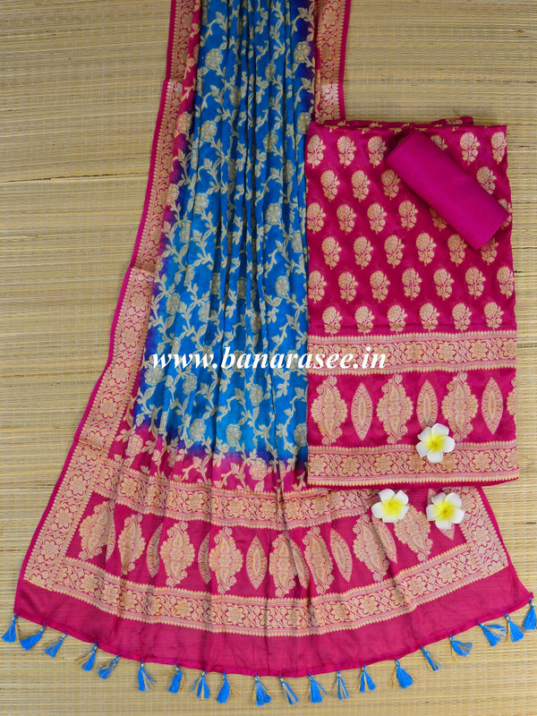 Banarasee Handloom Pure Chiffon Silk Salwar Kameez Set-Pink & Blue