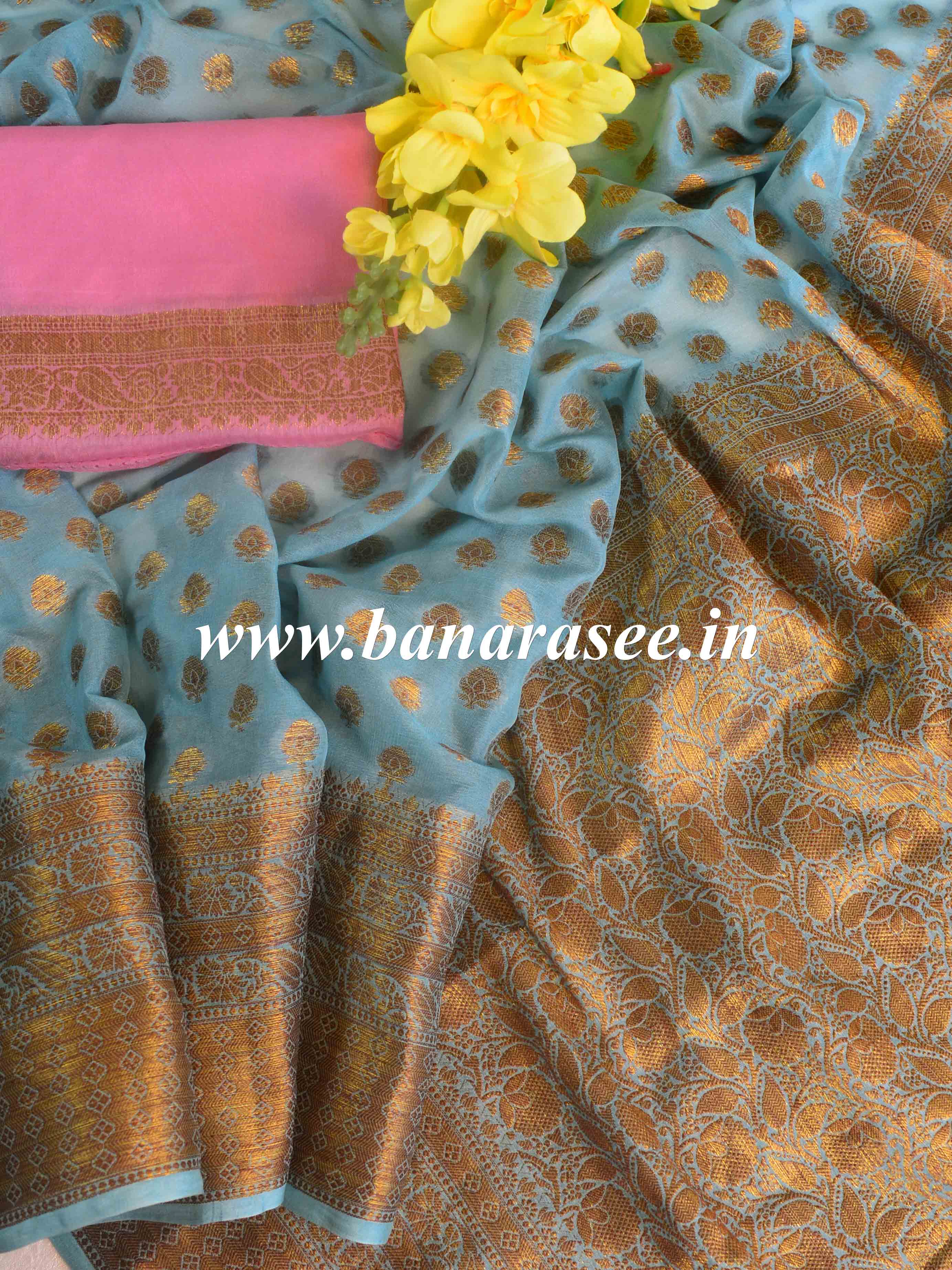 Banarasee Pure Chiffon Saree With Antique Zari Asharfi & Border-Blue