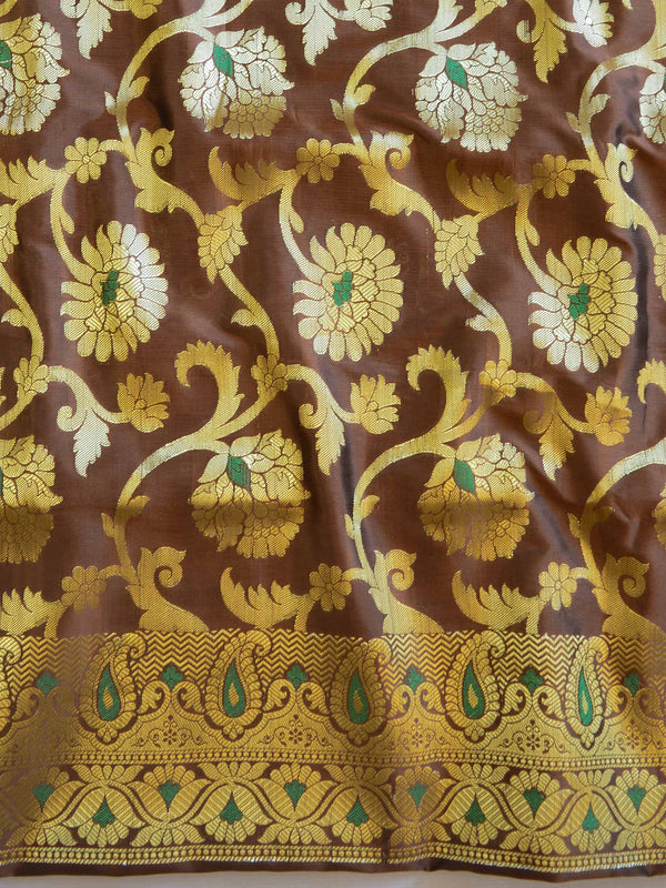 Banarasee Salwar Kameez Glossy Semi Silk Zari Jaal Work Fabric-Brown