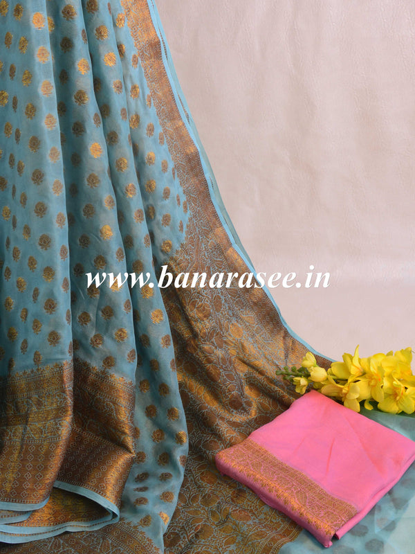 Banarasee Pure Chiffon Saree With Antique Zari Asharfi & Border-Blue