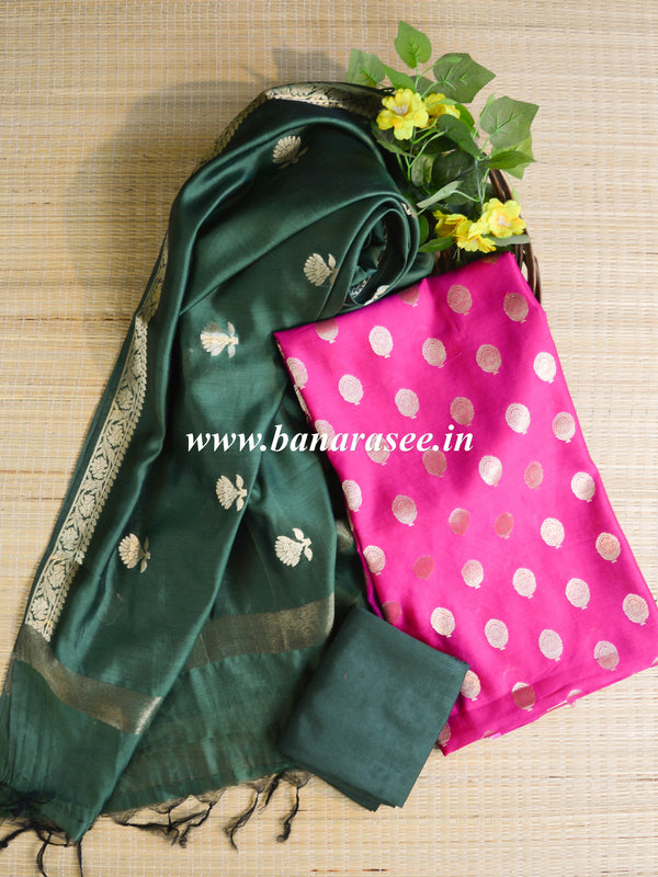 Banarasee Handloom Pure Silk Zari Buti Salwar Kameez Fabric With Dupatta-Green & Pink