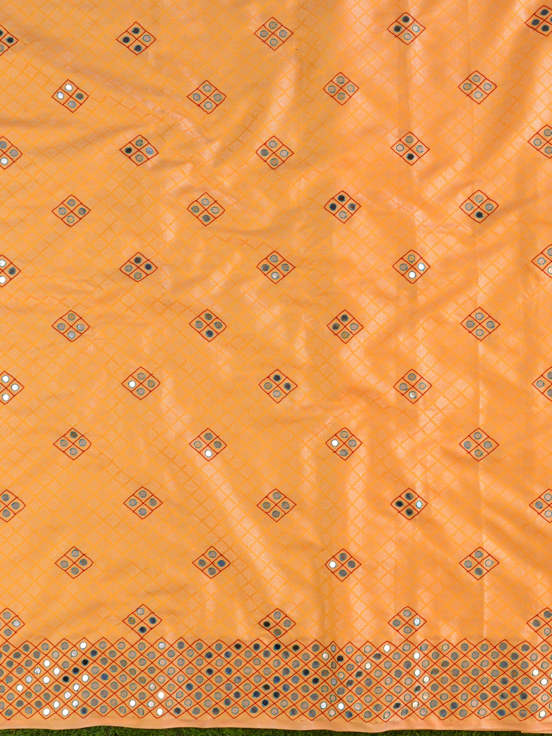 Banarasee Brocade Salwar Kameez Fabric With Mirror Work-Yellow & Grey
