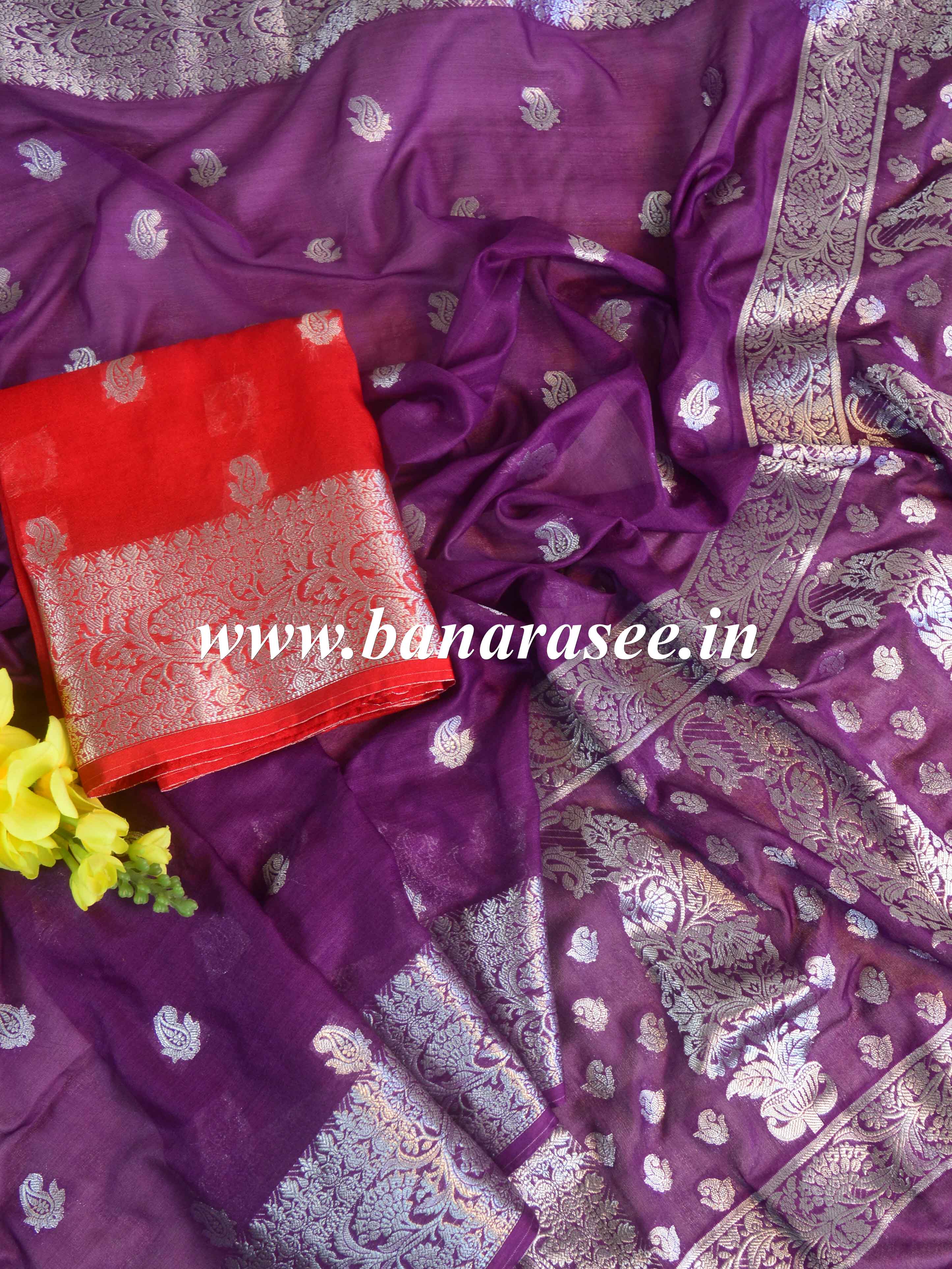 Banarasee Handwoven Semi-Chiffon Saree With Silver Zari & Contrast Blouse-Violet