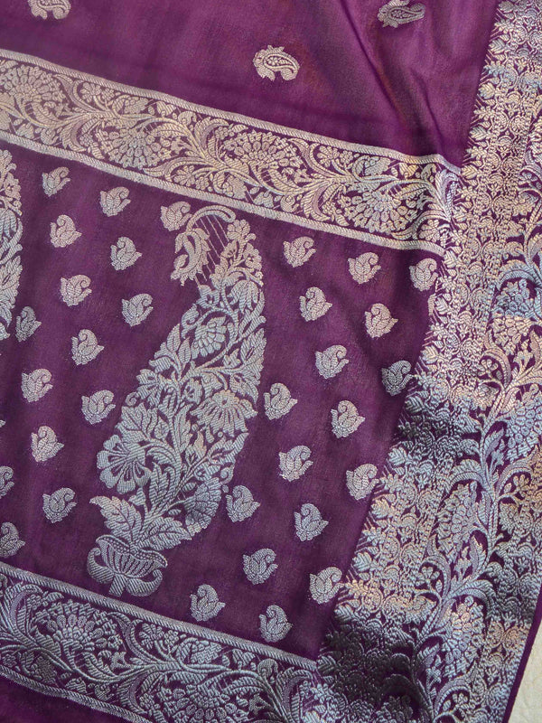 Banarasee Handwoven Semi-Chiffon Saree With Silver Zari & Contrast Blouse-Violet