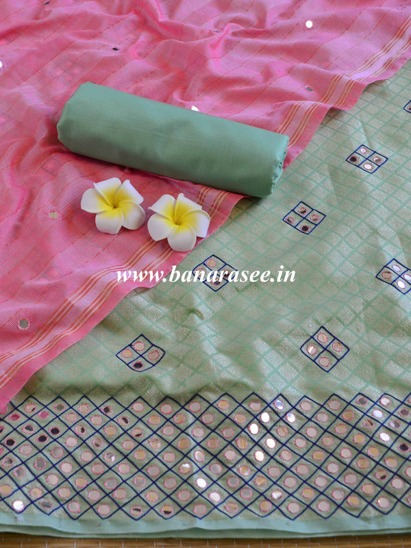 Banarasee Brocade Salwar Kameez Fabric With Mirror Work-Green & Pink