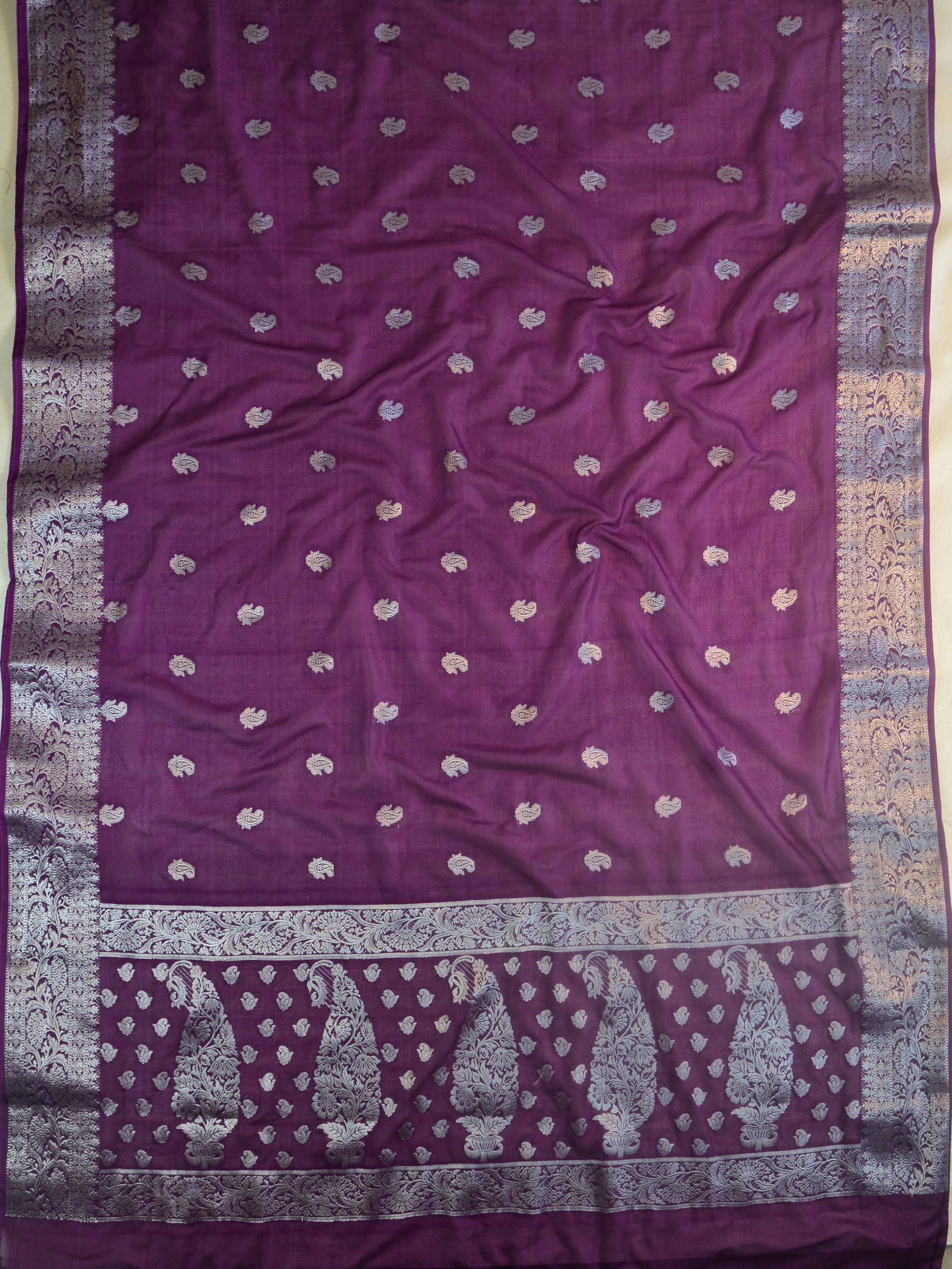Banarasee Handwoven Semi-Chiffon Saree With Silver Zari & Contrast Blouse-Violet