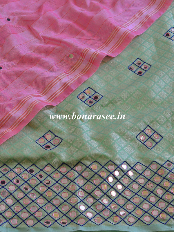 Banarasee Brocade Salwar Kameez Fabric With Mirror Work-Green & Pink
