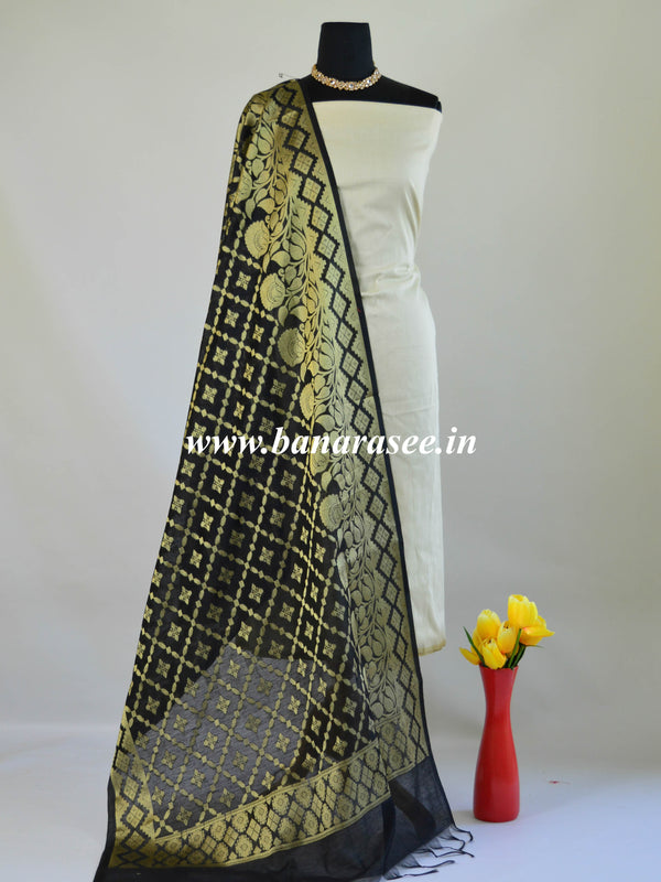 Banarasee Chanderi Cotton Dupatta With Floral Border Design-Black