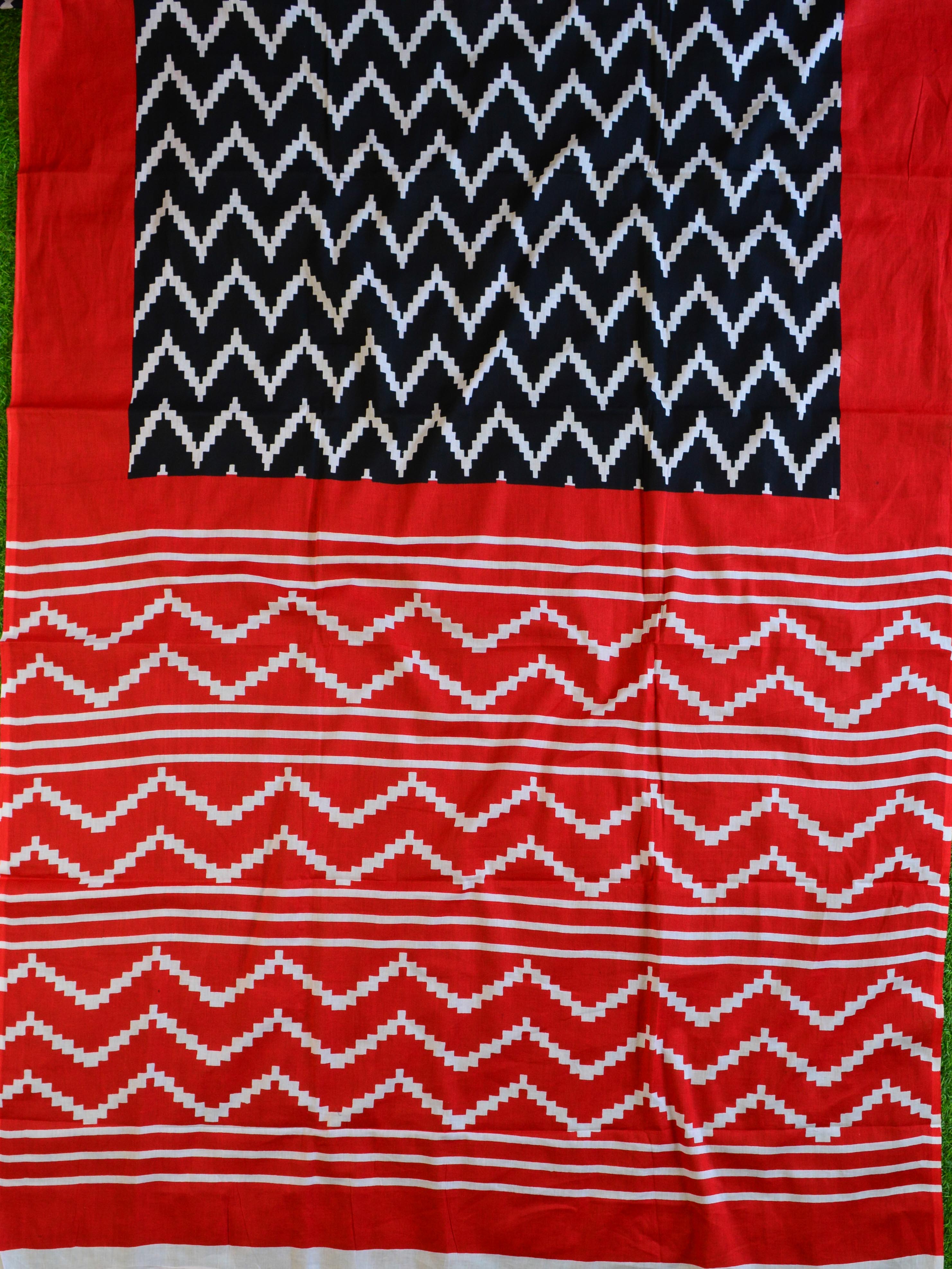 Handloom Mul Cotton Ajrakh Print Saree-Black & Red