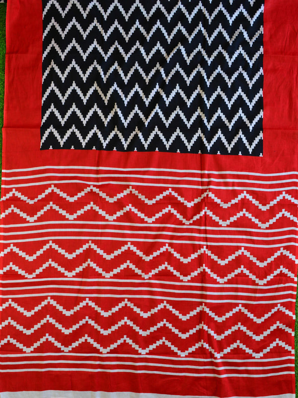 Handloom Mul Cotton Ajrakh Print Saree-Black & Red