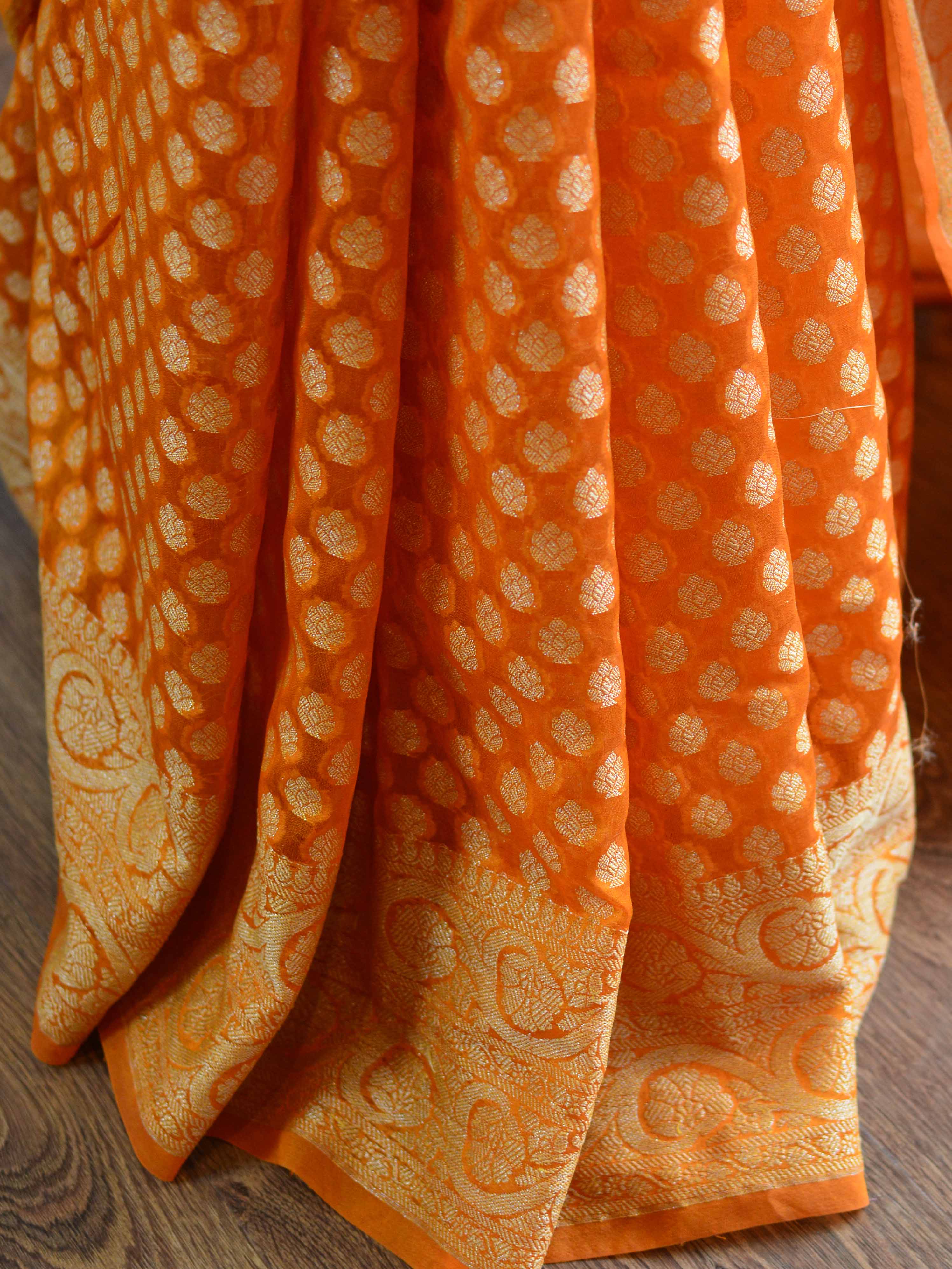 Banarasee Handwoven Semi-Chiffon Saree With Floral Border & Buta-Orange