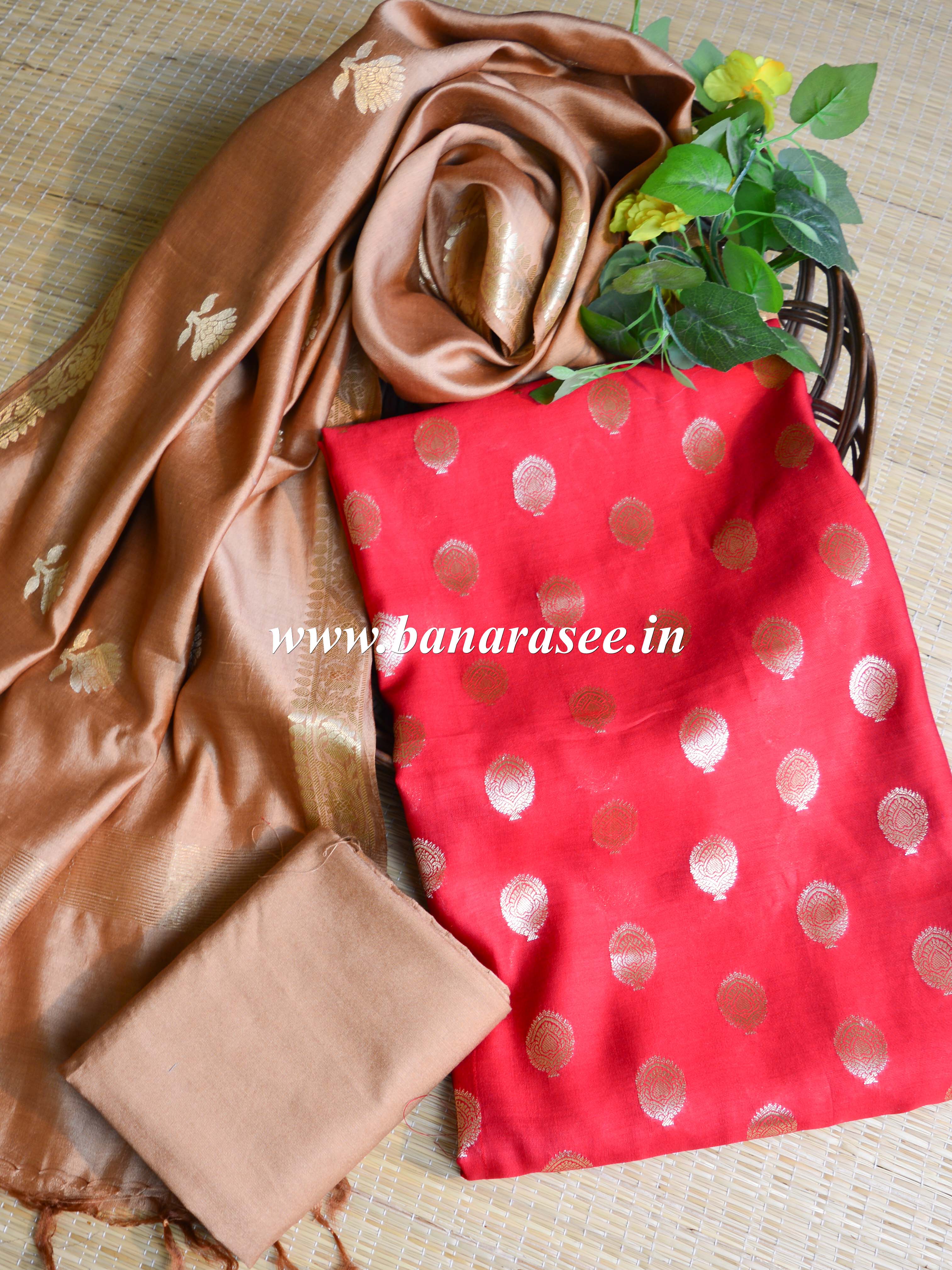Banarasee Handloom Pure Silk Zari Buti Salwar Kameez Fabric With Dupatta-Red & Brown