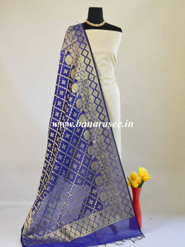 Banarasee Chanderi Cotton Dupatta With Floral Border Design-Blue