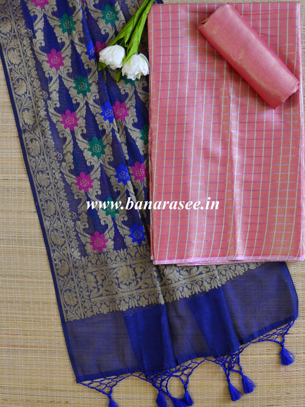 Banarasee Tissue Salwar Kameez Fabric With Contrast Silk Dupatta-Pink & Blue