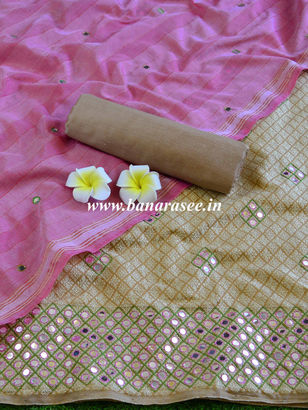 Banarasee Brocade Salwar Kameez Fabric With Mirror Work-Beige & Pink
