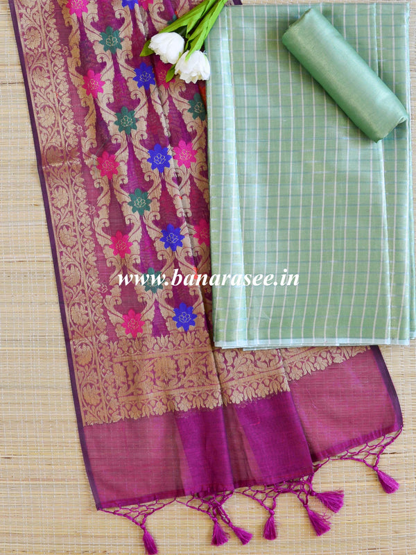 Banarasee Tissue Salwar Kameez Fabric With Contrast Silk Dupatta-Green & Wine