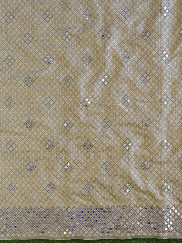 Banarasee Brocade Salwar Kameez Fabric With Mirror Work-Beige & Pink