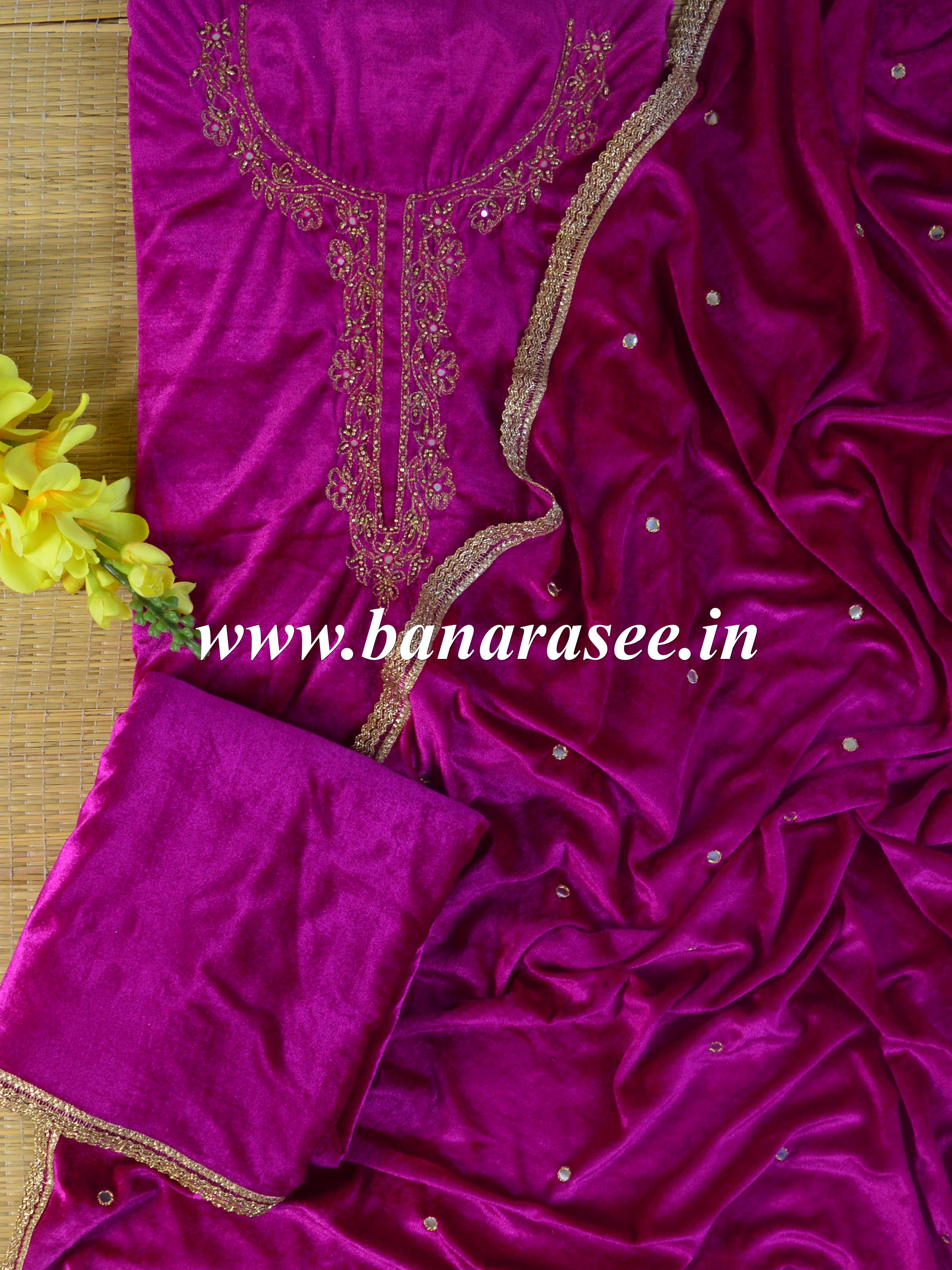 Banarasee Hand-Embroidered Velvet Salwar Kameez Set-Magenta