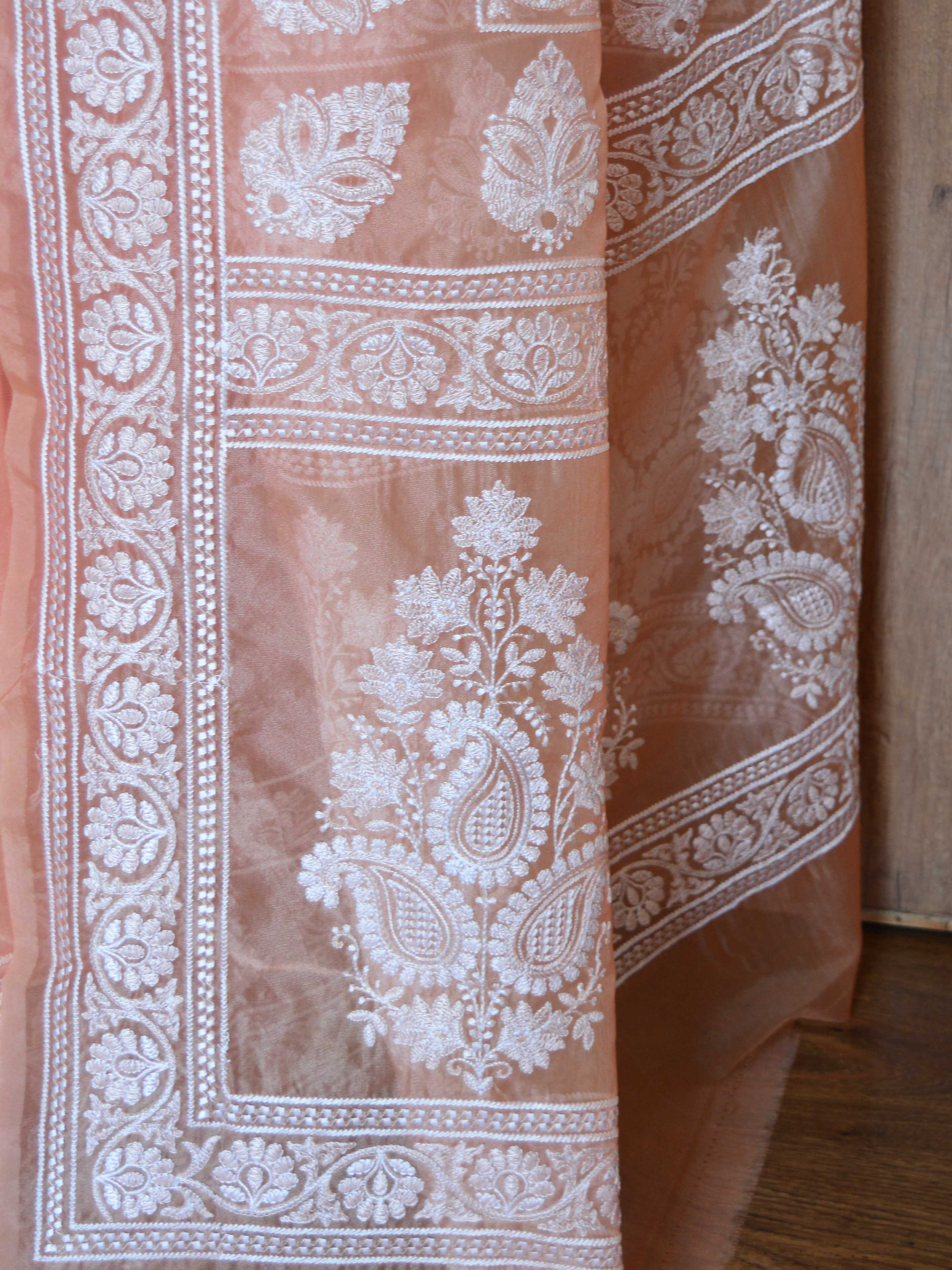 Banarasee Handwoven Organza Silk Floral Embroidery Saree-Peach