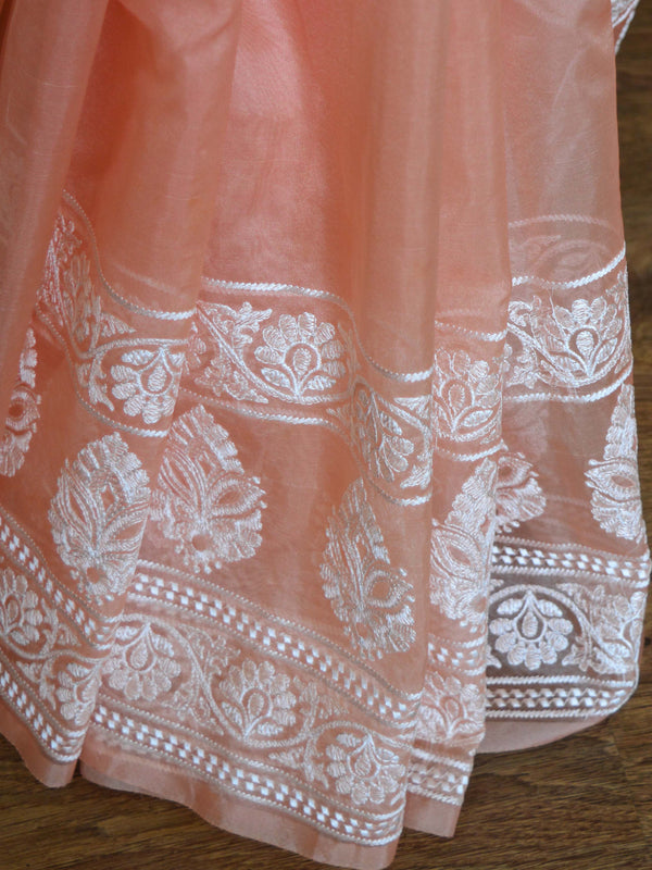 Banarasee Handwoven Organza Silk Floral Embroidery Saree-Peach