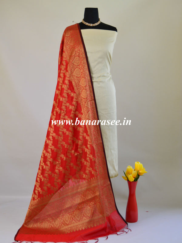 Banarasee Chanderi Cotton Dupatta With Copper Zari Design-Red