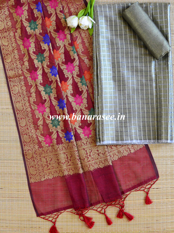 Banarasee Tissue Salwar Kameez Fabric With Contrast Silk Dupatta-Grey & Maroon