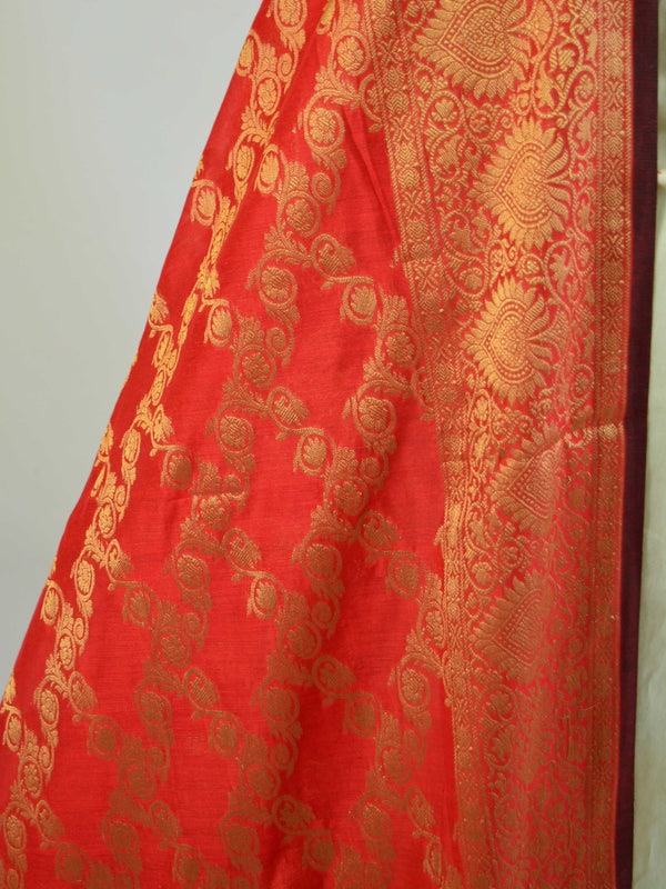 Banarasee Chanderi Cotton Dupatta With Copper Zari Design-Red