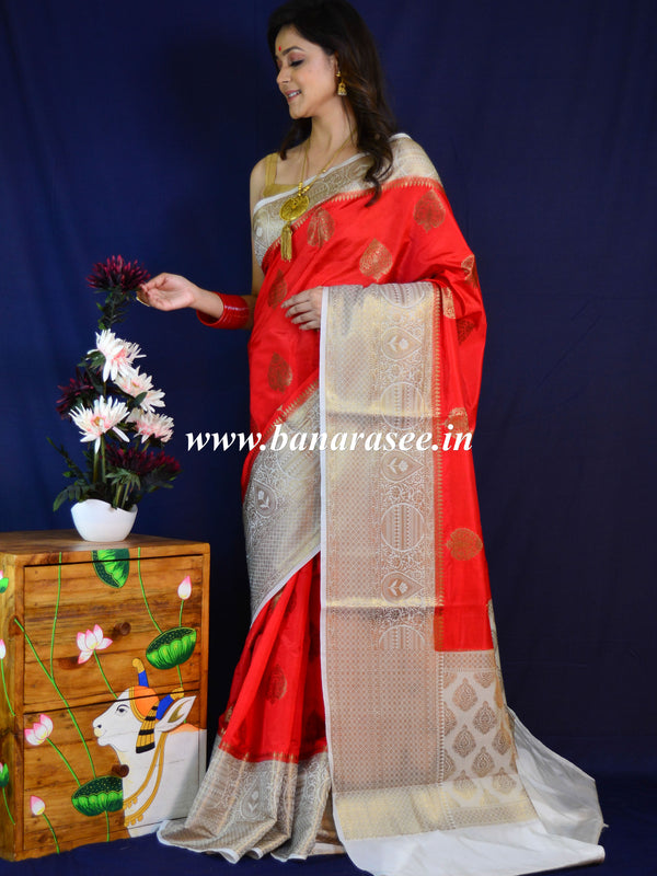 Banarasee Handwoven Semi Silk Saree With Contrast Border-Red