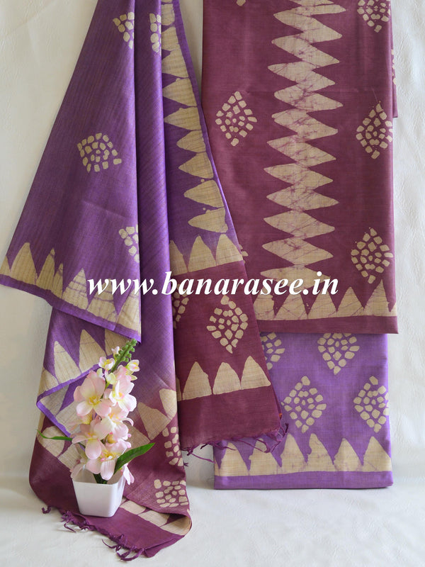 Pure Handloom Khadi Cotton Hand-Dyed Batik Pattern Salwar Kameez Dupatta Set-Violet & Purple