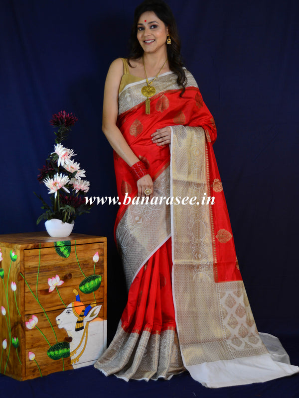 Banarasee Handwoven Semi Silk Saree With Contrast Border-Red