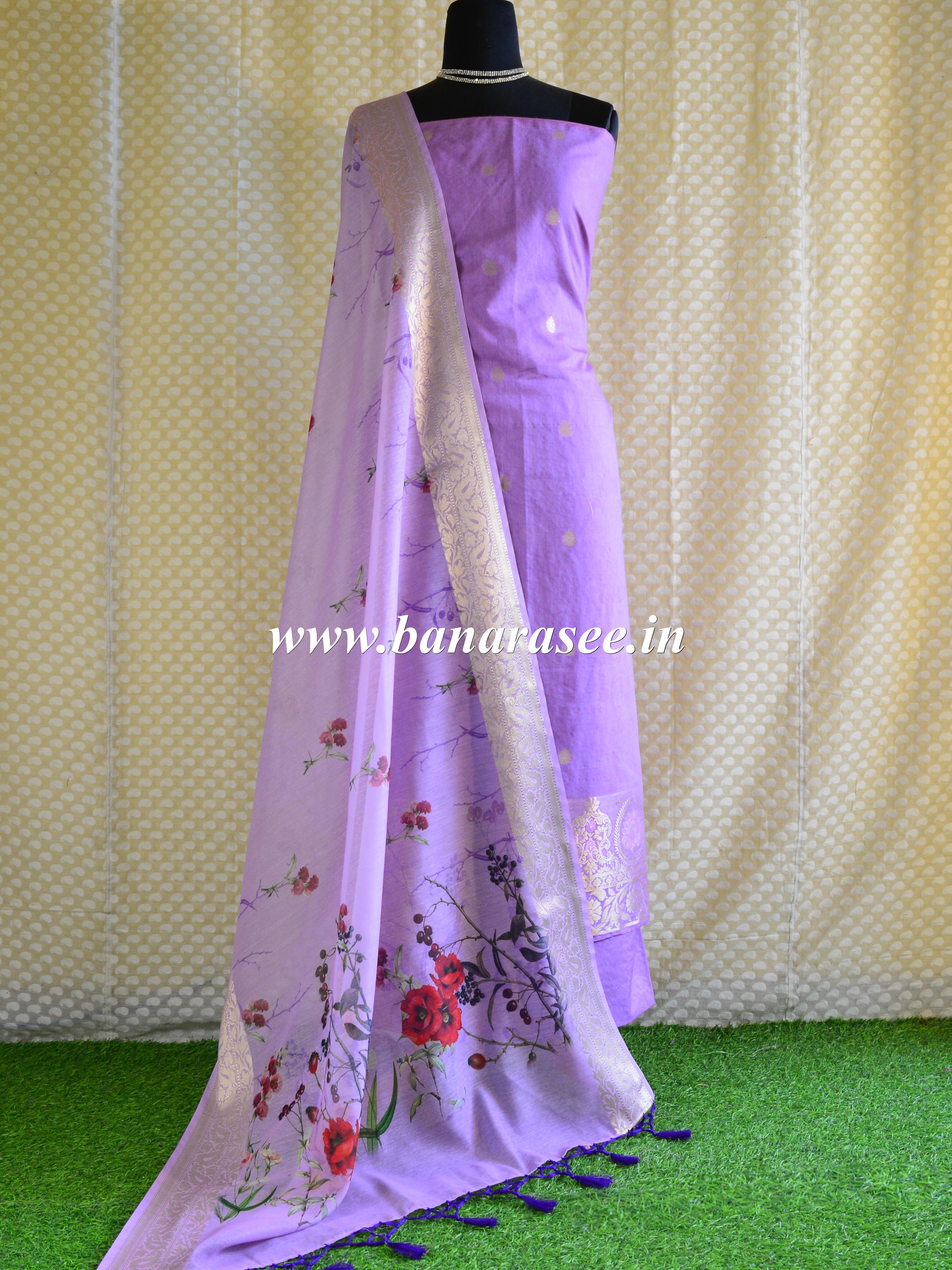 Banarasee Chanderi Cotton  Kameez Zari Buti Fabric With Digital Print Dupatta-Purple