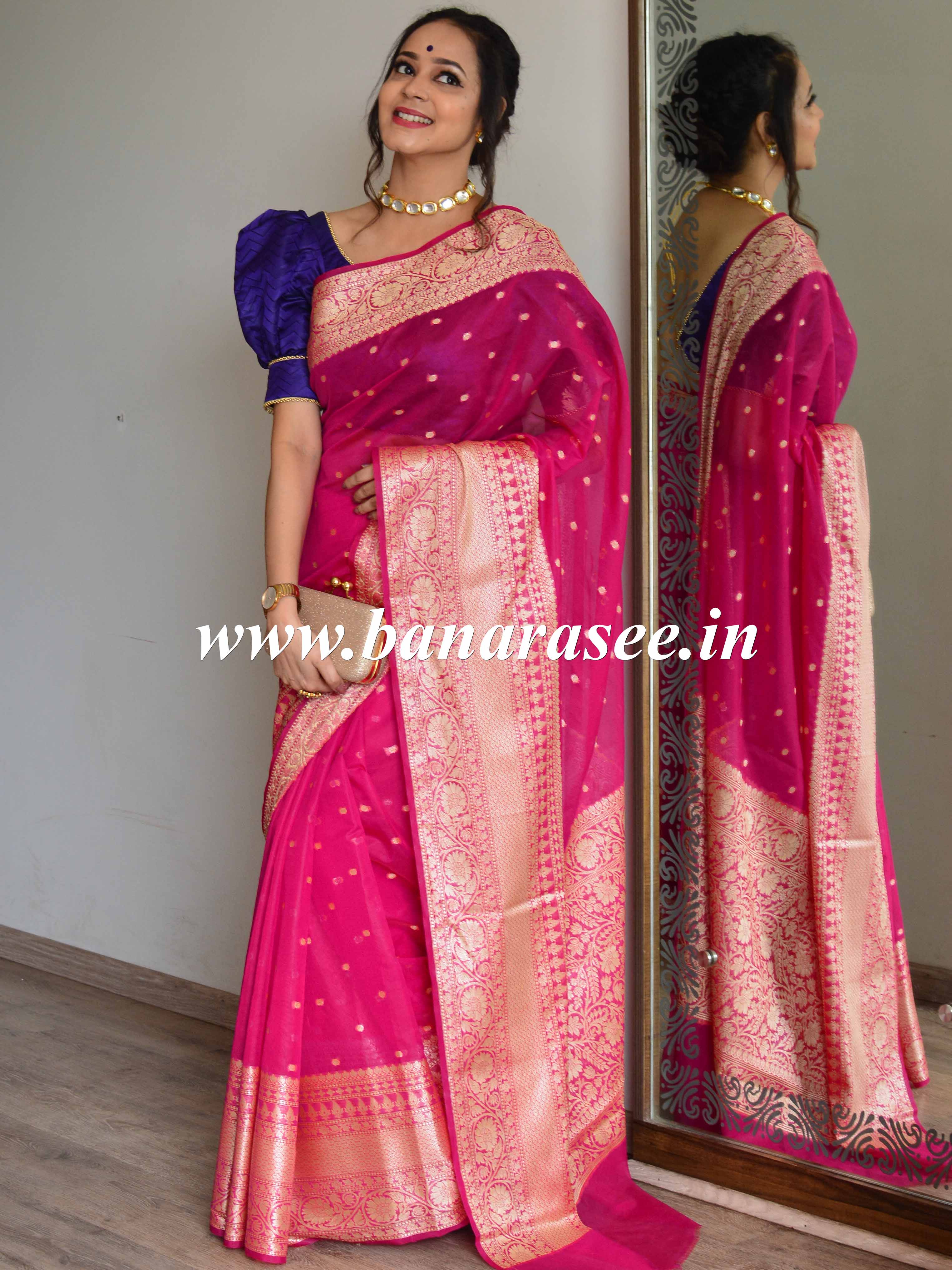 Banarasee Handwoven Semi-Chiffon Saree With Buti Design & Broad Floral Border-Pink