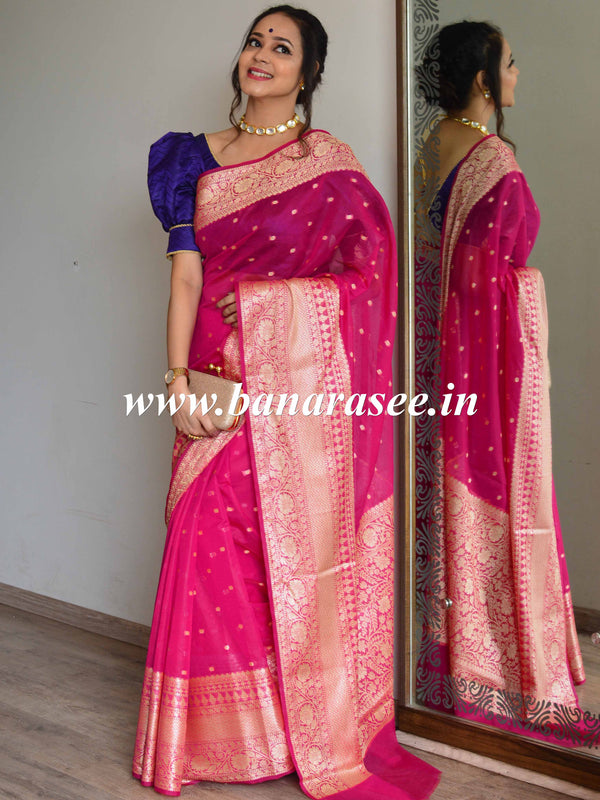 Banarasee Handwoven Semi-Chiffon Saree With Buti Design & Broad Floral Border-Pink
