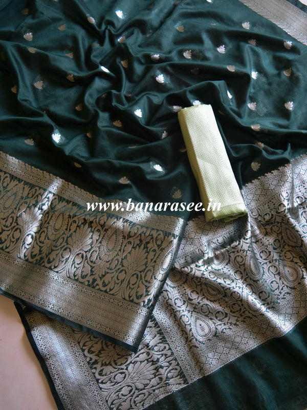Banarasee Handwoven Semi Silk Saree With Silver Zari Border-Deep Green