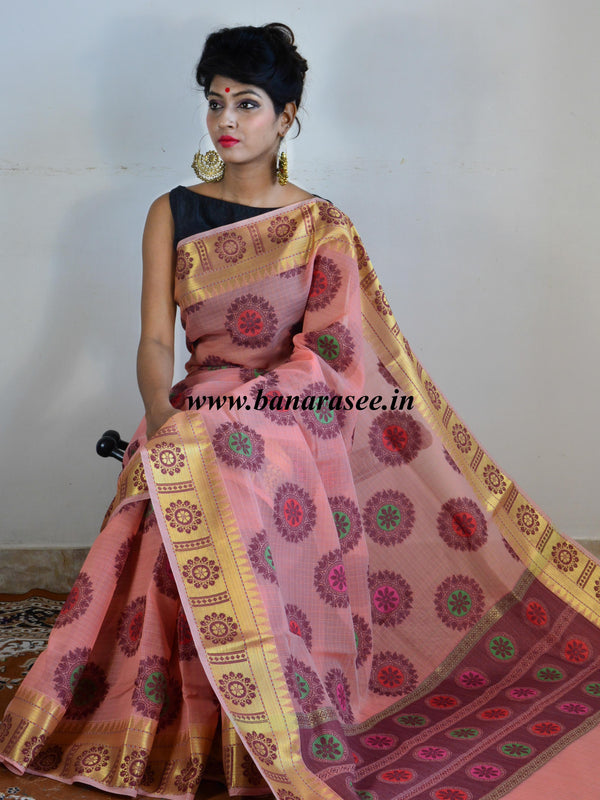 Banarasee Super Net Saree With Chakra Design & Zari Border-Peach