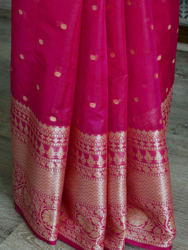 Banarasee Handwoven Semi-Chiffon Saree With Buti Design & Broad Floral Border-Pink