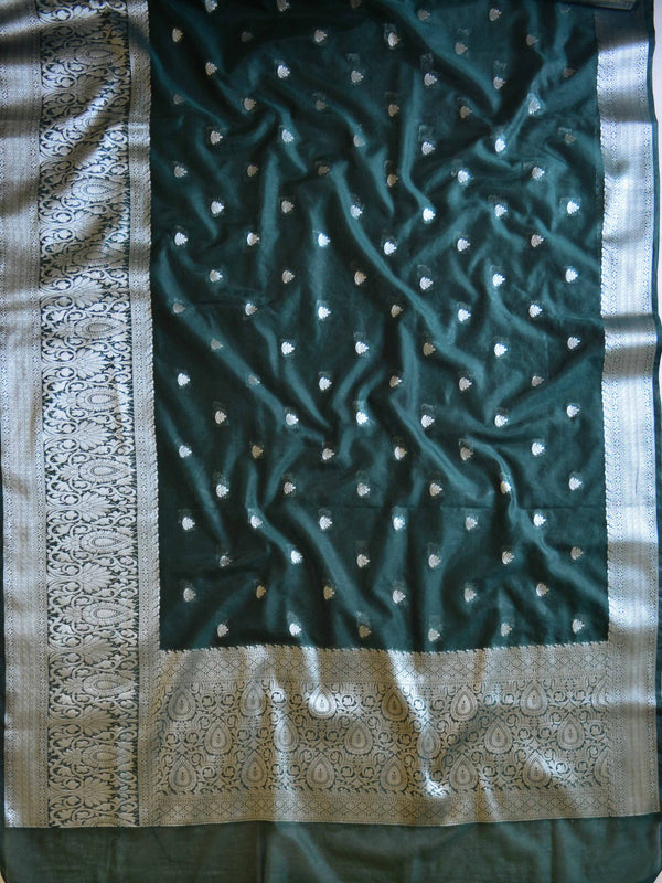 Banarasee Handwoven Semi Silk Saree With Silver Zari Border-Deep Green