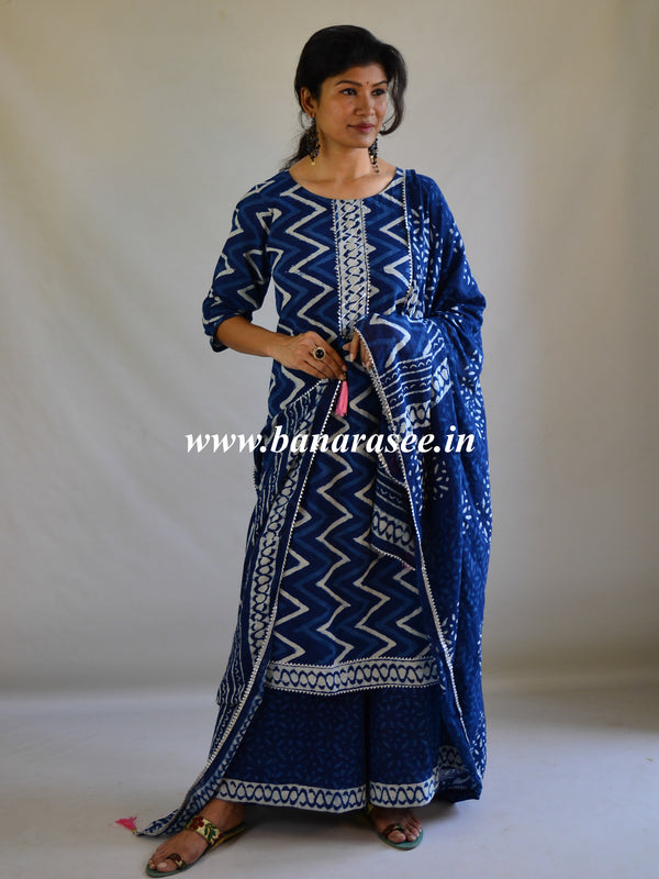 Handblock Printed Kurta Palazzo & Dupatta Set With GotaPatti Work-Indigo