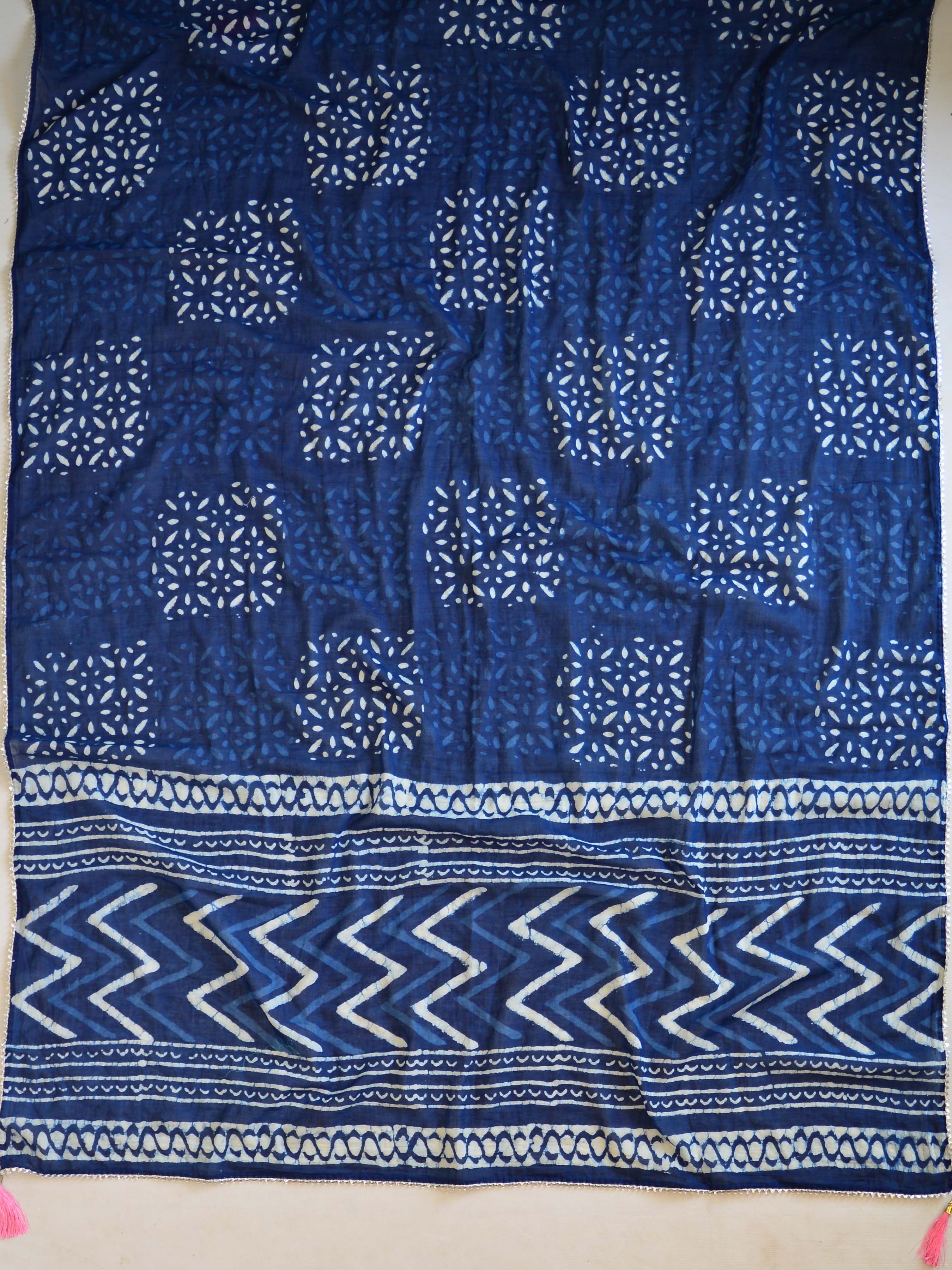 Handblock Printed Kurta Palazzo & Dupatta Set With GotaPatti Work-Indigo