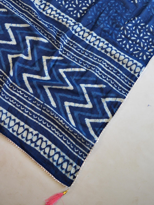 Handblock Printed Kurta Palazzo & Dupatta Set With GotaPatti Work-Indigo