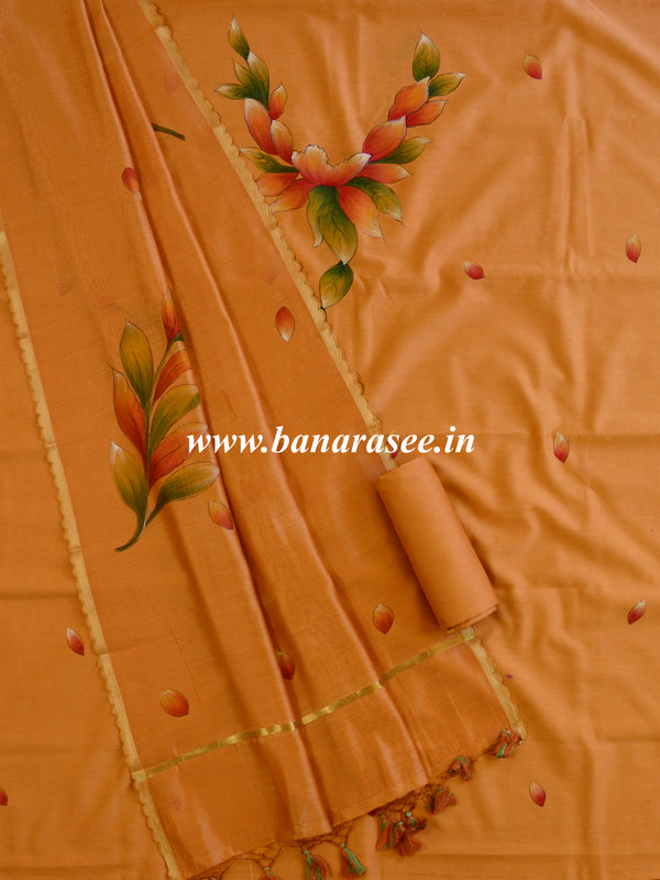 Banarasee Pure Chanderi Silk Hand-painted Salwar Kameez Set-Rust