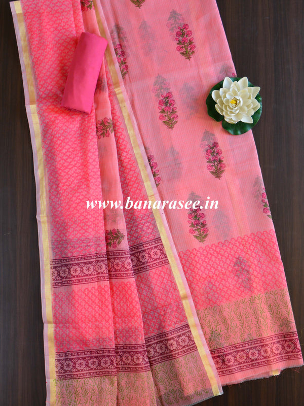 Kota Doria Block Printed Salwar Kameez Dupatta Set-Peach